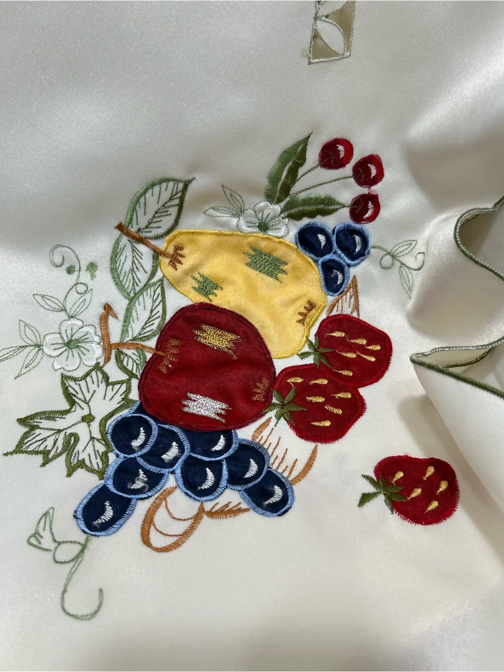 Vintage 7-Piece Embroidered Fruit Tablecloth Set with 6 Matching Napkins, 50